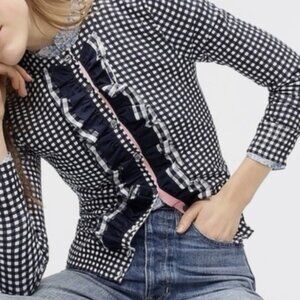 J Crew Jackie Cardigan Womens Large Navy Blue Gingham Ruffle Maximalist Preppy